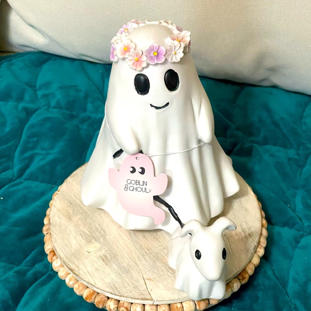Whimsical New Halloween Girl Ghost Walking Dog Goblin & Ghoul